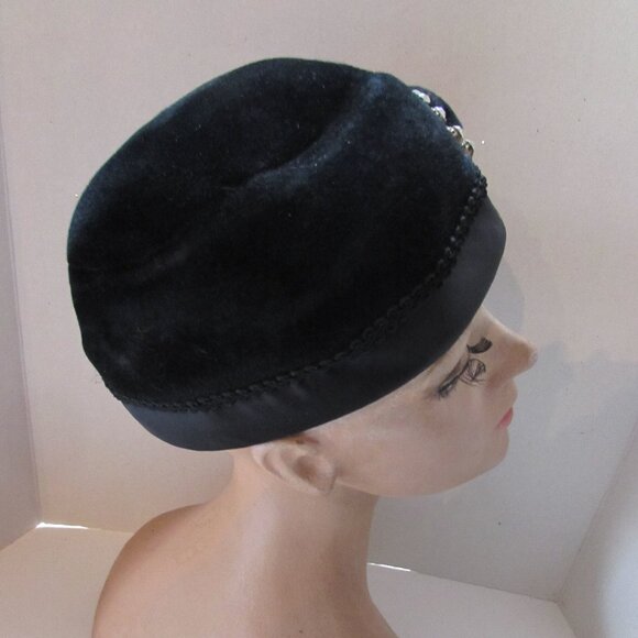 Vintage Black Velour Hat Cloche Style Rhinestone Decoration